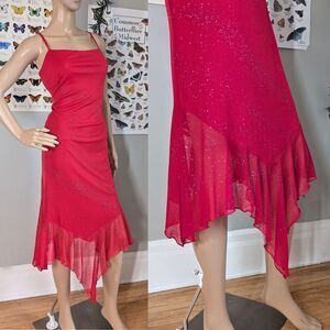 Vintage 90s y2k City Triangles Red Midi Dress Glitter Siren Fairy Asymmetrical M